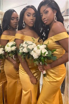 Mermaid Gold Off the Shoulder Long Bridesmaid Dresses 902504