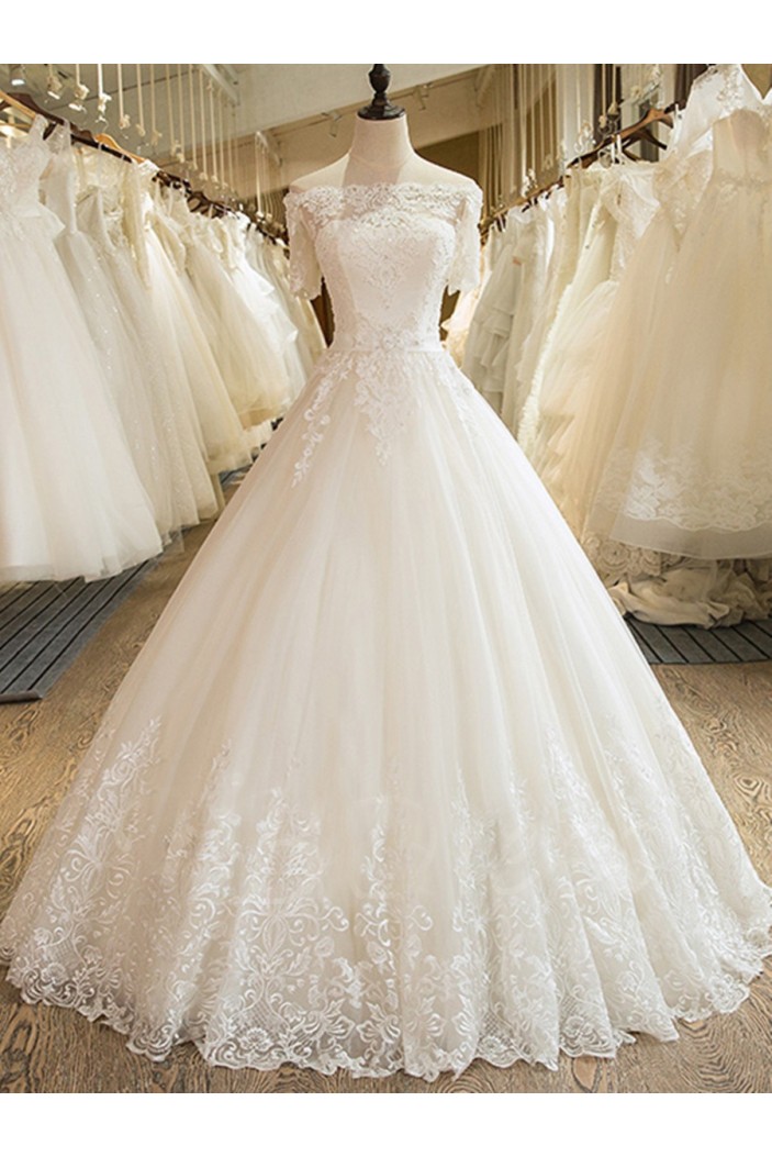 A-Line Off the Shoulder Lace Wedding Dresses Bridal Gowns with Short Sleeves 903040