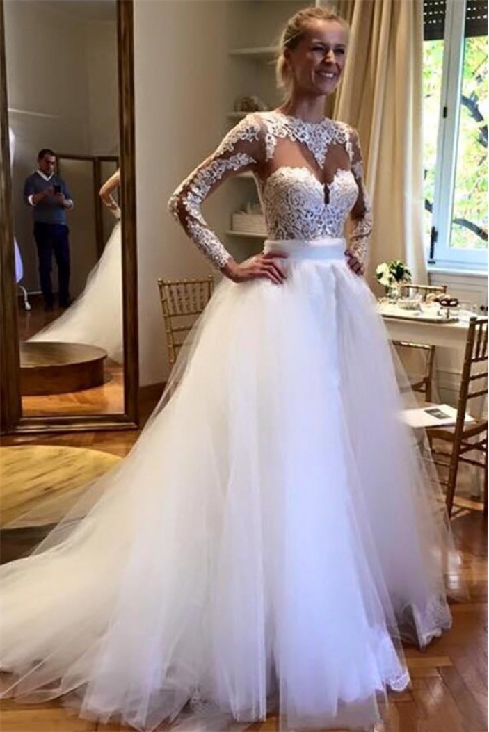 A-Line Lace and Tulle Wedding Dresses Bridal Gowns with Long Sleeves 903064