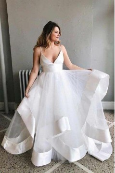 Long White Satin and Tulle Wedding Dresses Bridal Gowns 903107