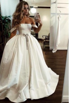 A-Line Off the Shoulder Satin Wedding Dresses Bridal Gowns 903110