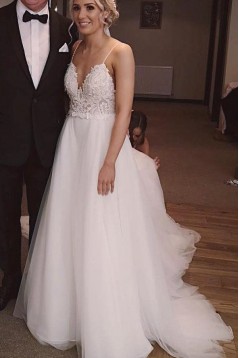 A-Line Halter Lace and Tulle Wedding Dresses Bridal Gowns 903124