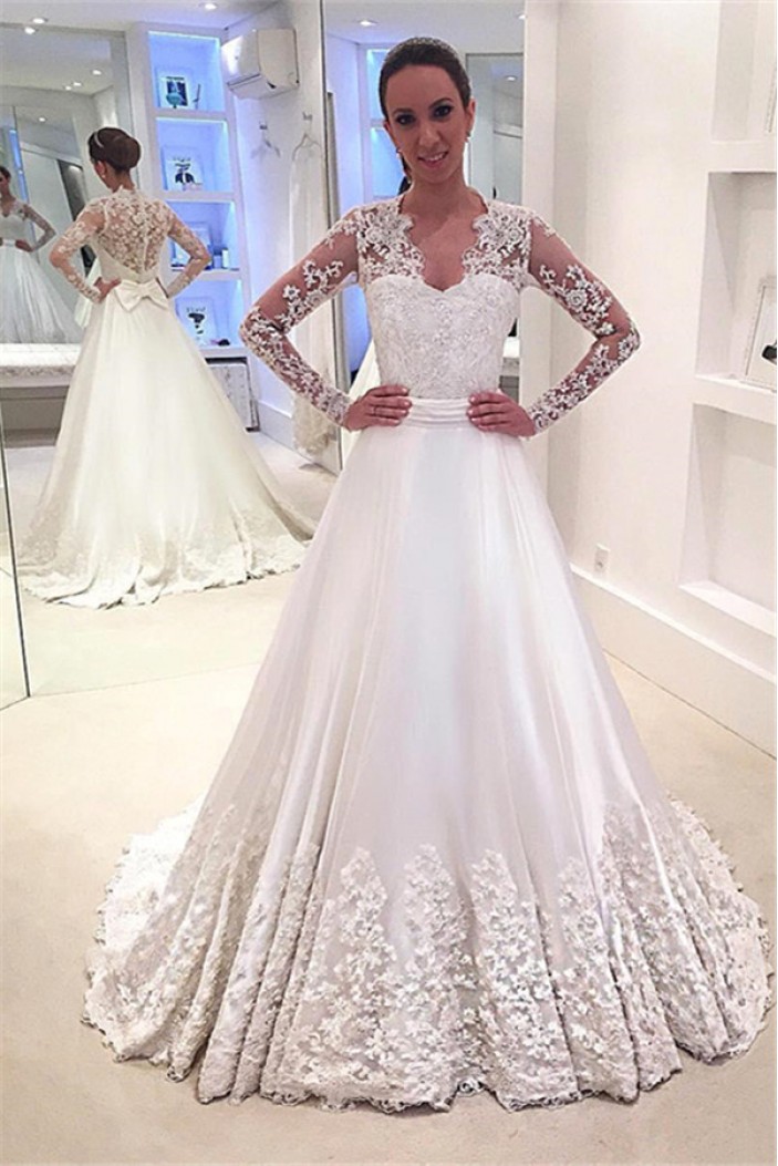A-Line Lace Long Sleeves Wedding Dresses Bridal Gowns 903137