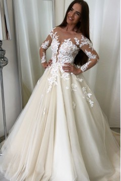 A-Line Long Sleeves Lace Wedding Dresses Bridal Gowns 903151