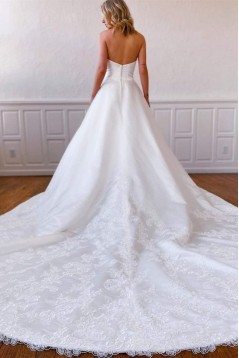 A-Line Strapless Long Lace and Satin Wedding Dresses Bridal Gowns 903167