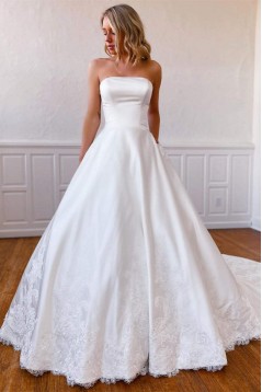 A-Line Strapless Long Lace and Satin Wedding Dresses Bridal Gowns 903167