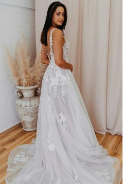 A-Line Lace and Tulle V Neck Wedding Dresses Bridal Gowns 903174