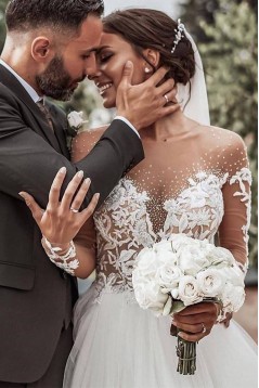 A-Line Long Sleeves Lace and Tulle Wedding Dresses Bridal Gowns 903177