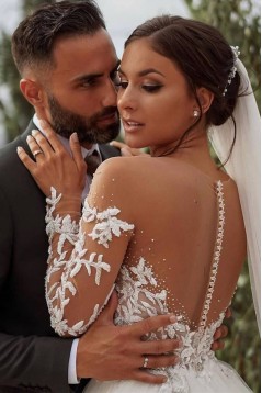 A-Line Long Sleeves Lace and Tulle Wedding Dresses Bridal Gowns 903177