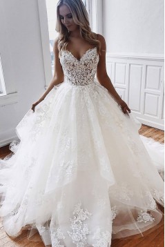 A-Line Lace V Neck Wedding Dresses Bridal Gowns 903181