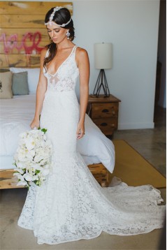 Elegant Mermaid Lace V Neck Wedding Dresses Bridal Gowns 903206