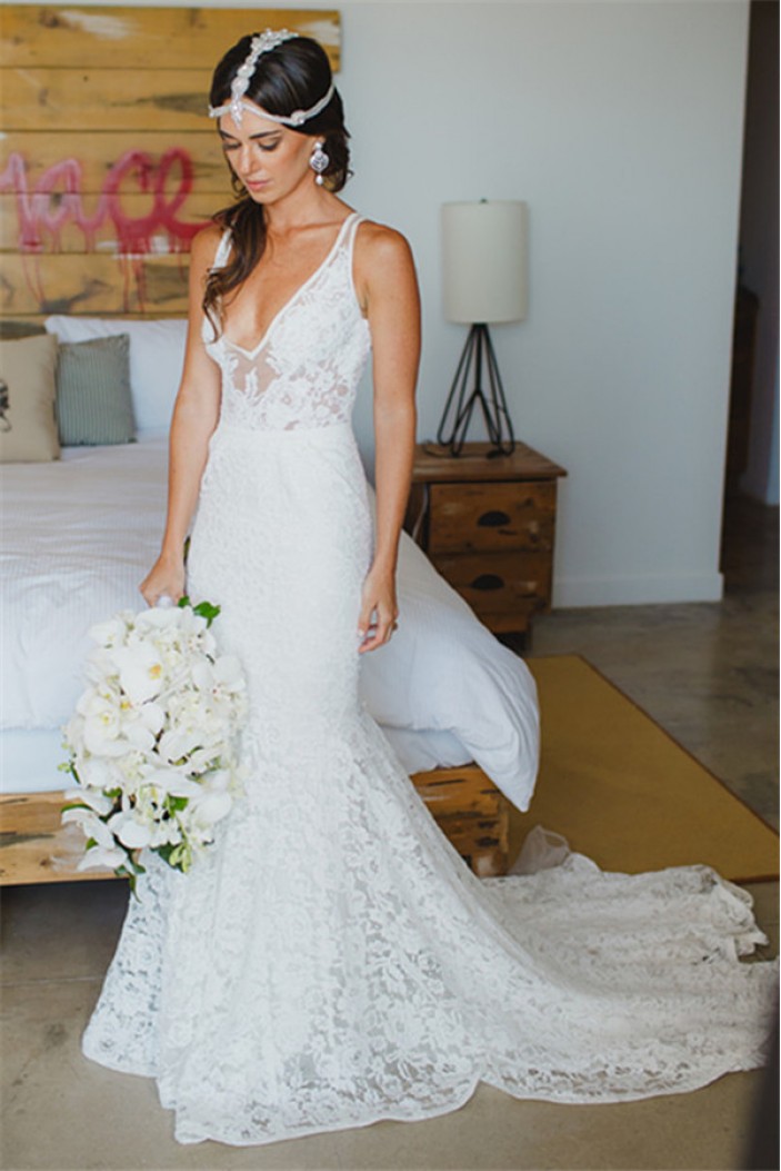 Elegant Mermaid Lace V Neck Wedding Dresses Bridal Gowns 903206