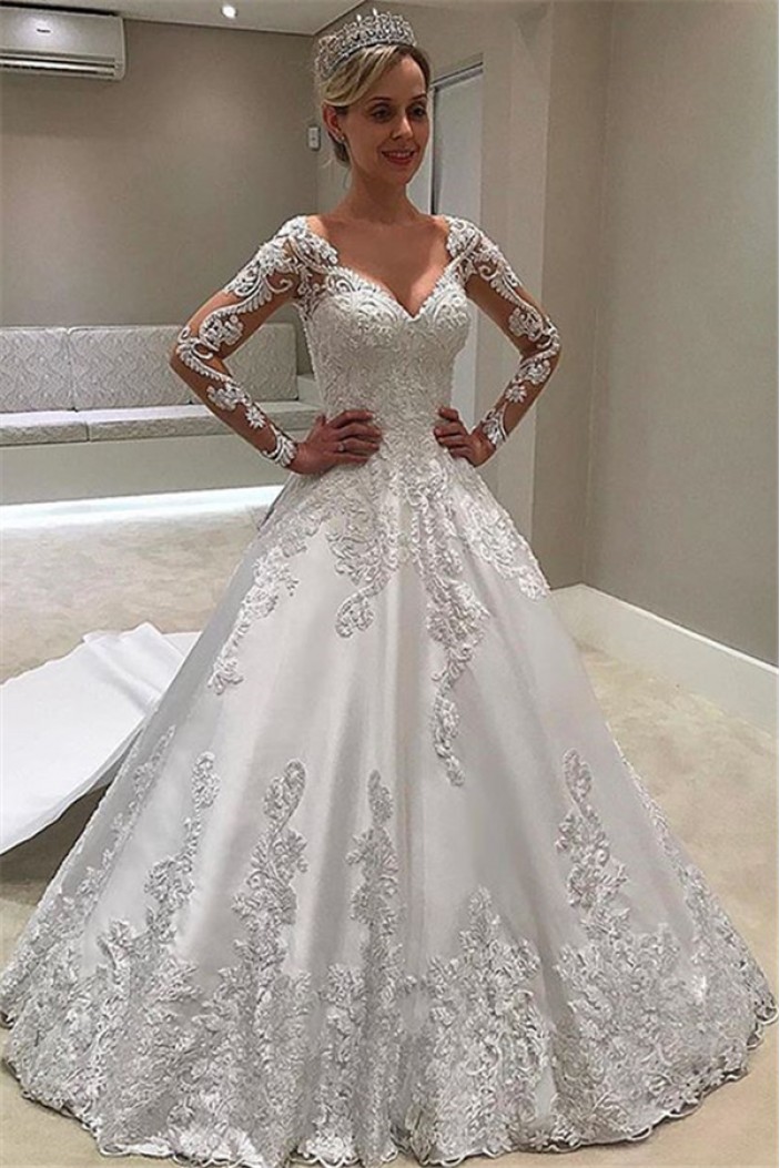 A-Line Lace Long Sleeves Wedding Dresses Bridal Gowns 903240