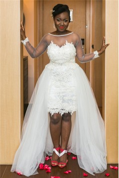 High Low Lace and Tulle Wedding Dresses Bridal Gowns with Long Sleeves 903272