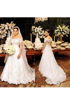 A-Line Long Sleeves Lace Off the Shoulder Wedding Dresses Bridal Gowns 903279