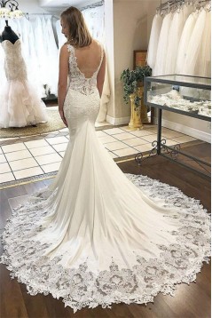 Mermaid Lace V Neck Long Wedding Dresses Bridal Gowns 903291