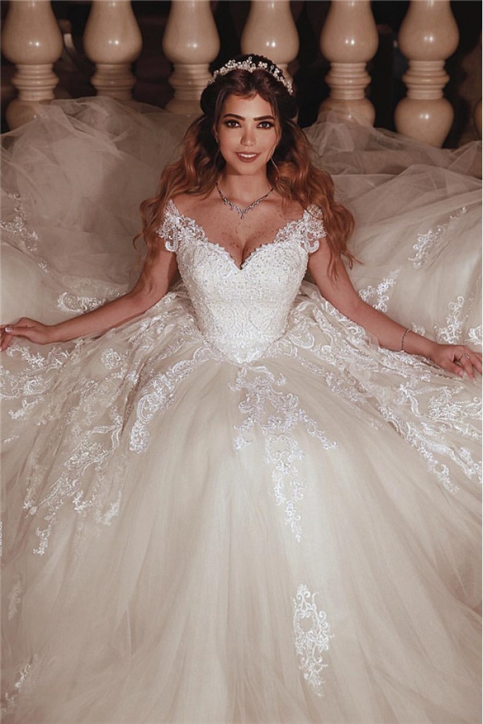 A-Line Lace Off the Shoulder Wedding Dresses Bridal Gowns 903295