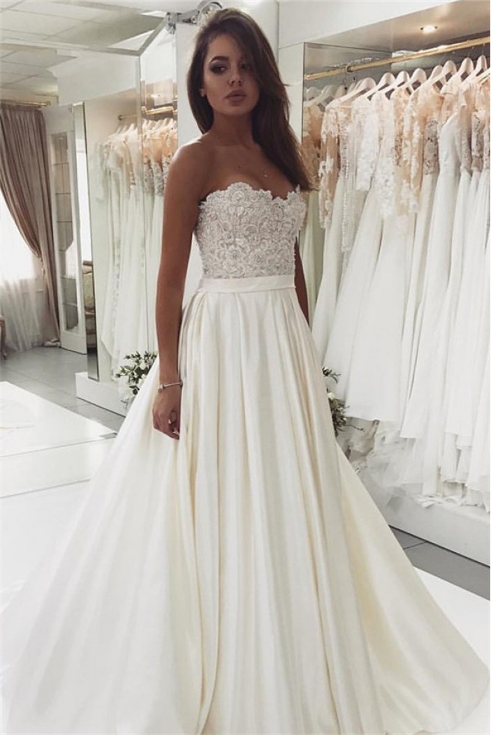 A-Line Lace and Satin Long Wedding Dresses Bridal Gowns 903313