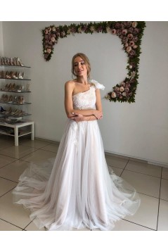 A-Line Lace and Tulle One Shoulder Wedding Dresses Bridal Gowns 903339