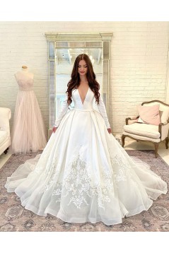A-Line V Neck Lace Wedding Dresses Bridal Gowns with Long Sleeves 903340