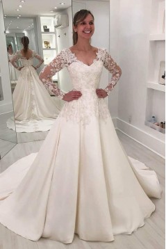 A-Line Lace Long Sleeves V Neck Wedding Dresses Bridal Gowns 903363