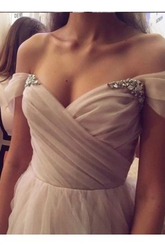A-Line Beaded Tulle Off the Shoulder Wedding Dresses Bridal Gowns 903396
