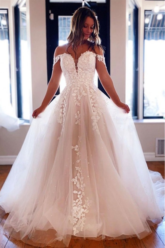 A-Line Lace Off the Shoulder Wedding Dresses Bridal Gowns 903400