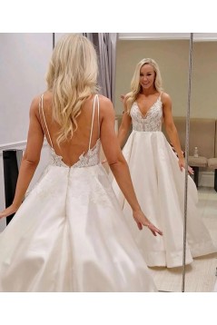 A-Line Lace V Neck Long Wedding Dresses Bridal Gowns 903401