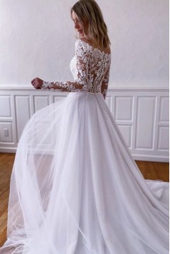 A-Line Lace and Tulle Long Sleeves Wedding Dresses Bridal Gowns 903457