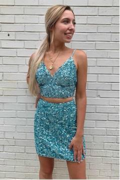 Short/Mini Blue Two Pieces Sequins Tight Prom Dresses Homecoming Dresses 904049