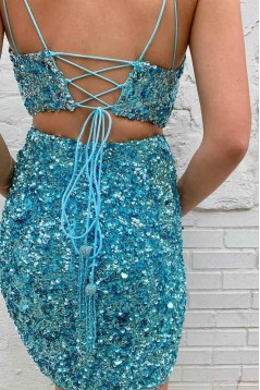 Short/Mini Blue Two Pieces Sequins Tight Prom Dresses Homecoming Dresses 904049
