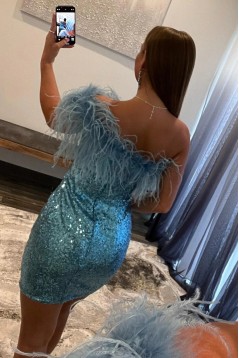 Short/Mini Blue One Shoulder Prom Dresses Homecoming Dresses with Feathers 904051