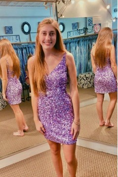Short/Mini Purple V Neck Sequins Prom Dresses Homecoming Dresses 904057