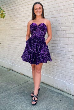 Short/Mini A-Line Purple Sweetheart Sequins Prom Dresses Homecoming Dresses with Pockets 904062