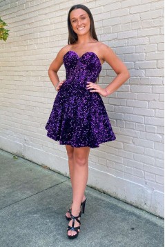 Short/Mini A-Line Purple Sweetheart Sequins Prom Dresses Homecoming Dresses with Pockets 904062