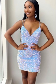 Short/Mini Blue V Neck Sequins Prom Dresses Homecoming Dresses 904076