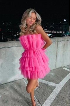 Short/Mini Hot Pink Strapless Tiered Prom Dresses Homecoming Dresses 904086
