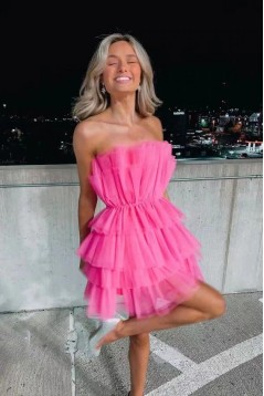Short/Mini Hot Pink Strapless Tiered Prom Dresses Homecoming Dresses 904086