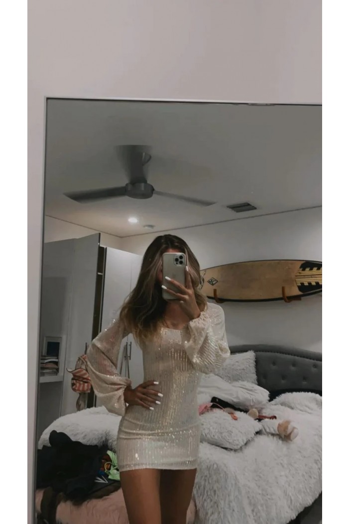 Short/Mini Long Sleeves White Sparkly Birthday Prom Dresses Homecoming Dresses 904089