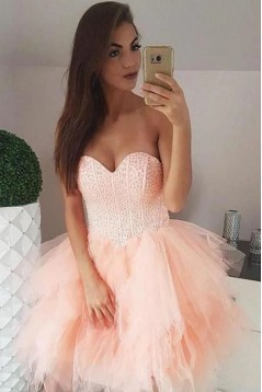 Short/Mini Beaded Sweetheart Tulle Prom Dresses Homecoming Dresses 904098