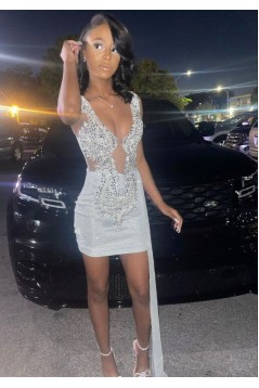 Short/Mini White Beaded Black Girl Hoco Dress Prom Dresses Homecoming Dresses 904100