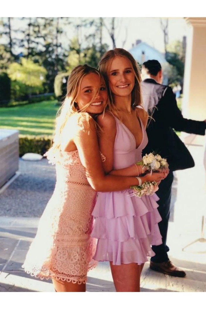 Short/Mini Lilac V Neck Chiffon Prom Dresses Homecoming Dresses 904101