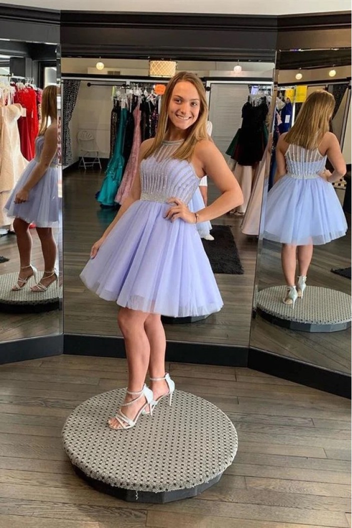 Short/Mini A-Line Lavender Tulle Beaded Prom Dresses Homecoming Dresses 904103