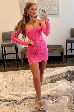 Short/Mini Fuchsia Lace Corset Prom Dresses Homecoming Dresses with Sleeves 904105