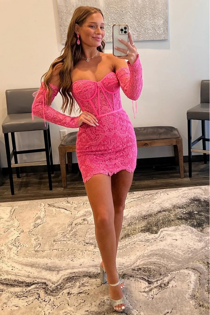 Short/Mini Fuchsia Lace Corset Prom Dresses Homecoming Dresses with Sleeves 904105
