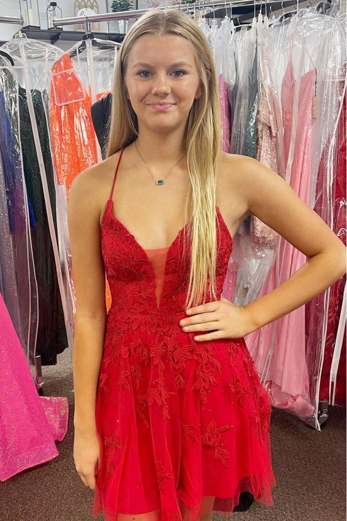 Short/Mini Red V Neck A-Line Lace Prom Dresses Homecoming Dresses 904117