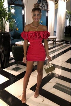 Short/Mini Red Satin Off the Shoulder Prom Dresses Homecoming Dresses 904129
