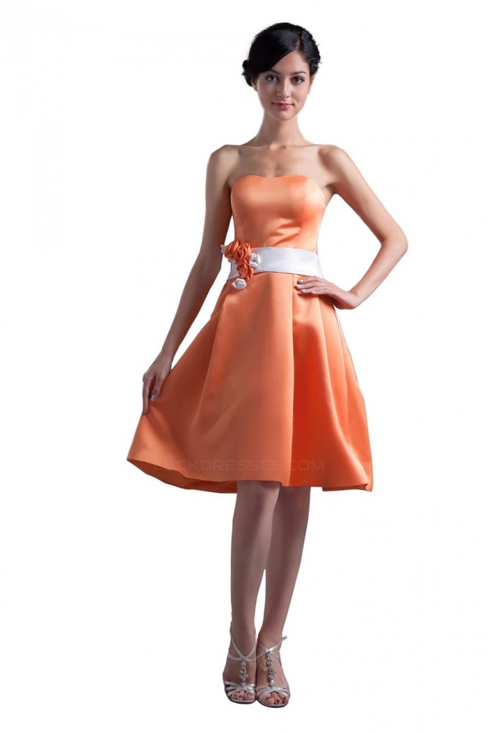 A-Line Strapless Orange Short Satin Bridesmaid Dresses/Wedding Party Dresses BD010097
