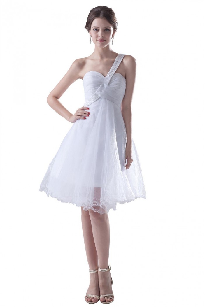 A-Line One-Shoulder Beaded White Short Bridesmaid Dresses/Wedding Party Dresses BD010123
