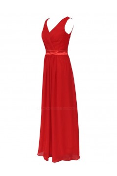 A-Line V-Neck Red Chiffon and Lace Back Long Bridesmaid Dresses/Wedding Party Dresses BD010195